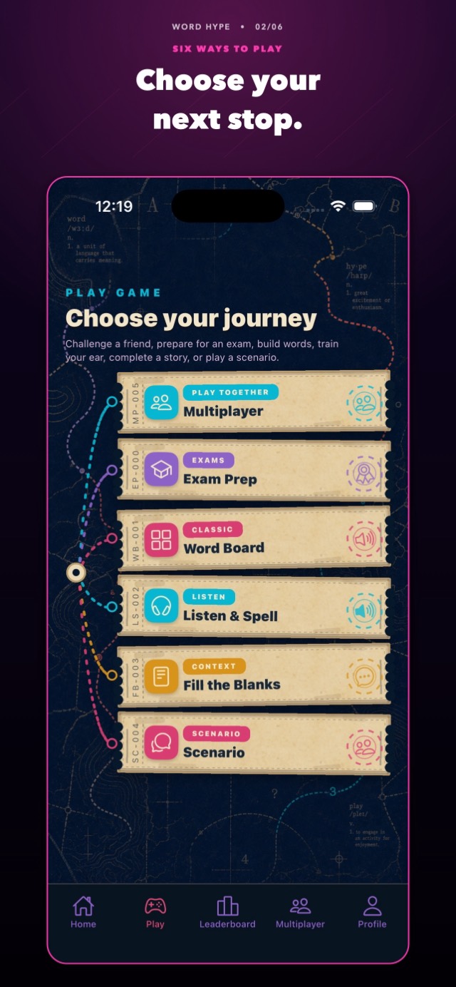Tema Journey de Word Hype: los modos de juego como billetes de papel sobre un atlas antiguo