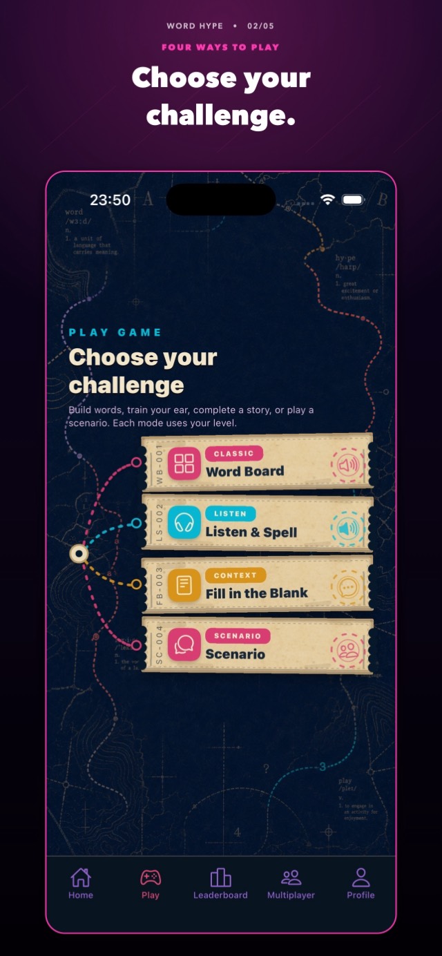 Selector de modo de juego: Word Board, Listen & Spell, Fill in the Blank, Scenario