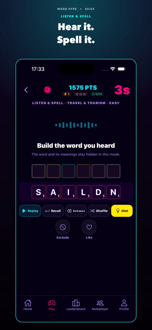 Ronda de Listen & Spell: escucha la palabra y deletréala con fichas