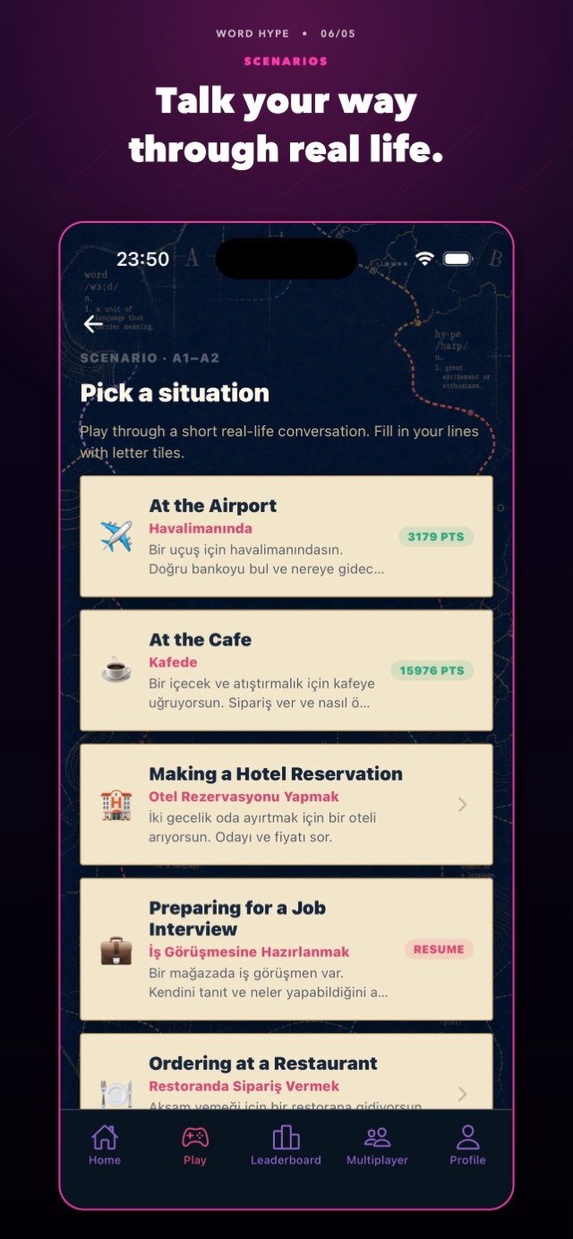Selector de escenarios con situaciones reales como aeropuerto, cafetería y hotel